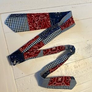 Vintage Paisley plaid 1970s kids Tie 42 inches red, white and blue homemade